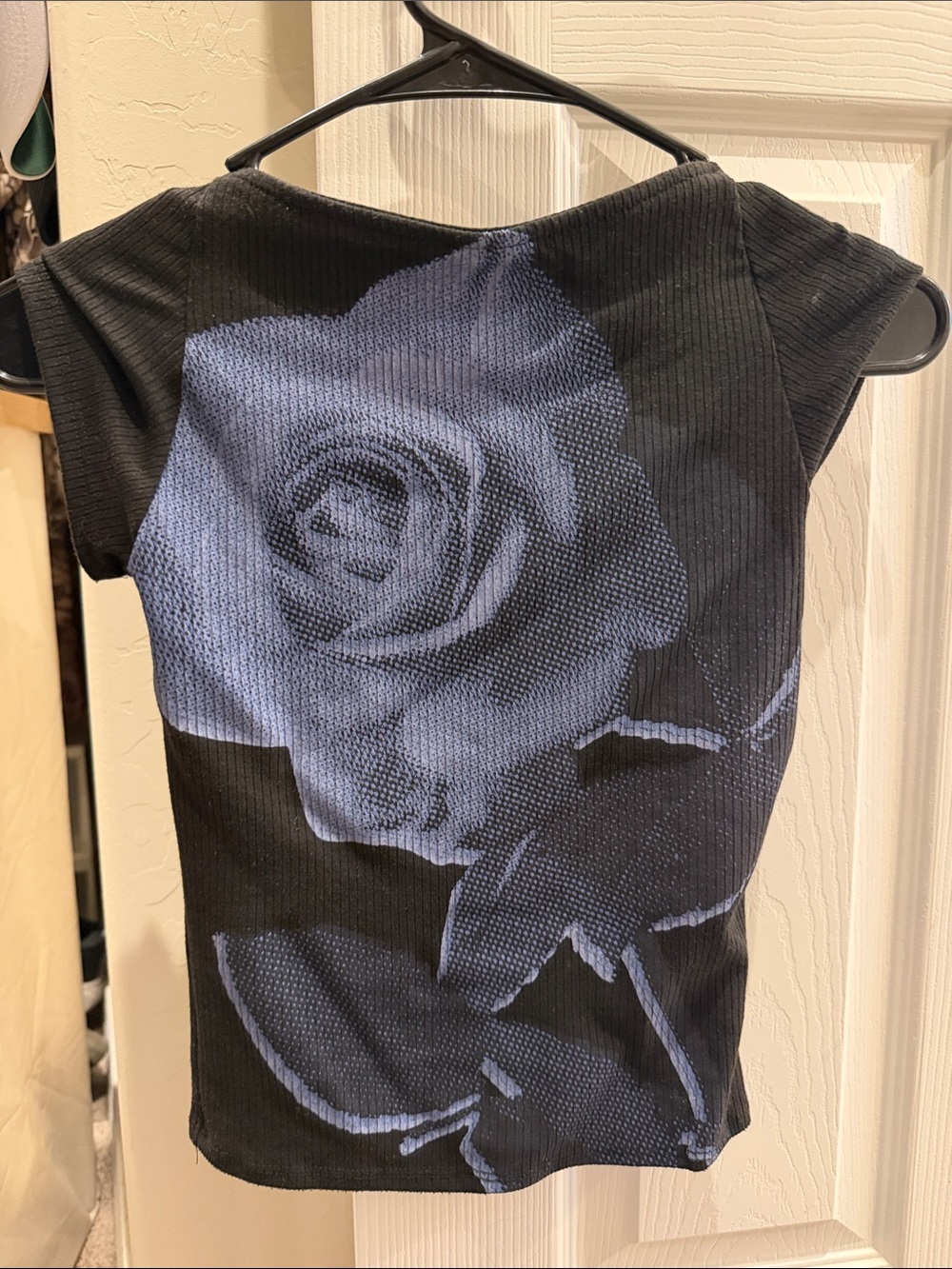 Urban Outfitters Half Open Black Ribbed Crop Top with Blue Rose Print